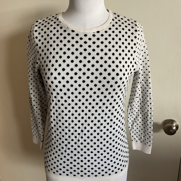 LOFT Black White Polka Dot Sweater Sz Small 100% Cotton Knit Classic Preppy Top - Picture 2 of 6